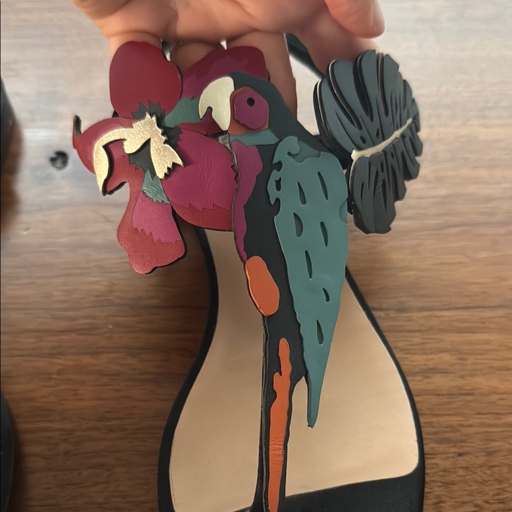 Valentino Garavani Black and Red Sandals with a bird, flower and leaf design EUC - Picture 4 of 13